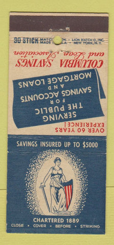 Matchbook Cover - Columbia Savings and Loan New York City 30 Stick
