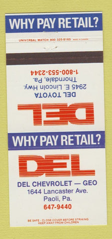 Matchbook Cover - Del Chevrolet Geo Paoli PA 30 Strike