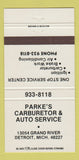 Matchbook Cover - Parke's Carburetor Auto Service Detroit MI 30 Strike