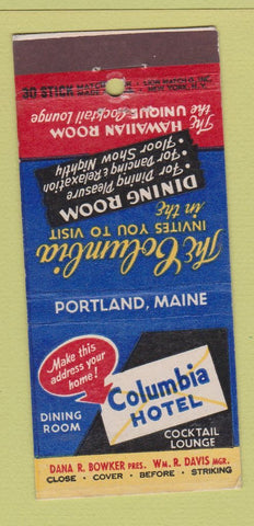 Matchbook Cover - Columbia Hotel Portland ME 30 Stick