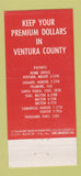 Matchbook Cover - Ventura County Insurance CA 1958 21 Strike Feature