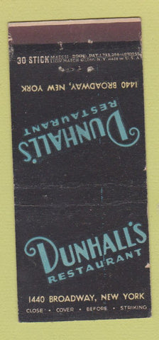 Matchbook Cover - Dunhall's Restaurant New York City 30 Stick