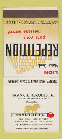 Matchbook Cover - Lion Match Company Frank Herodes San Francisco CA 30 Stick