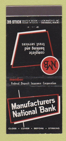 Matchbook Cover - Manufacturers National Bank Detroit MI 30 Stick
