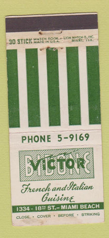 Matchbook Cover - Victor Bidone Restaurant Miami Beach FL WORN 30 Stick