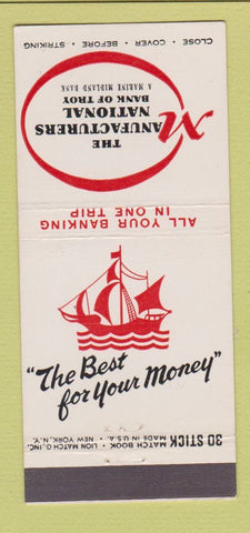 Matchbook Cover - Manufacturers National Bank Troy NY 30 Stick