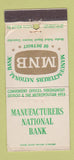 Matchbook Cover - Manufacturers National Bank Detroit MI WORN 30 Stick