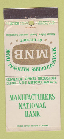 Matchbook Cover - Manufacturers National Bank Detroit MI WORN 30 Stick