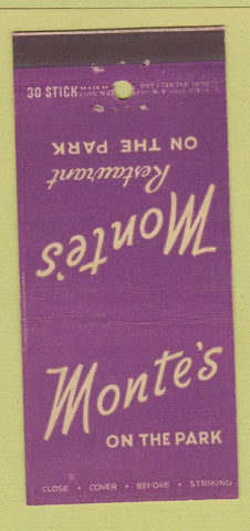 Matchbook Cover - Monte's on the Park Restaurant New York City 30 Stick
