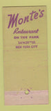 Matchbook Cover - Monte's on the Park Restaurant New York City 30 Stick