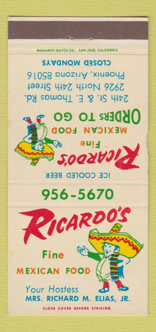Matchbook Cover - Ricardo's Mexican Restaurant Phoenix AZ WEAR 30 Strike