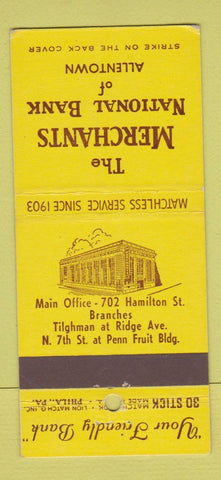 Matchbook Cover - Merchants National Bank Allentown PA 30 Stick