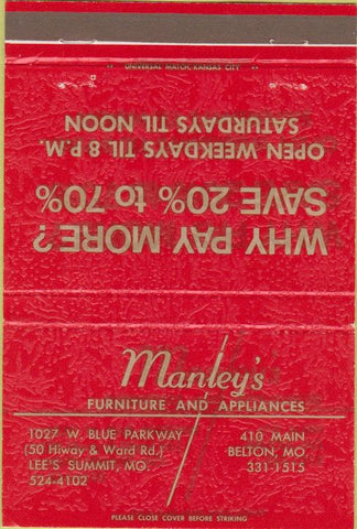 Matchbook Cover - Manley's Furniture Appliances Belton Lee's Summit MO 40 Strike