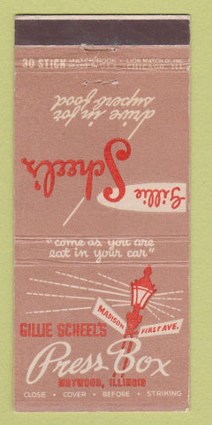 Matchbook Cover - Gillie Scheel's Restaurant Press Box Maywood IL 30 Stick