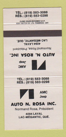 Matchbook Cover - AMC Jeep Auto N Rosa Lac Megantic QC WEAR 30 Strike