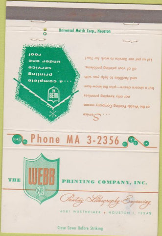 Matchbook Cover - Webb Printing Co Houston TX WEAR 40 Strike