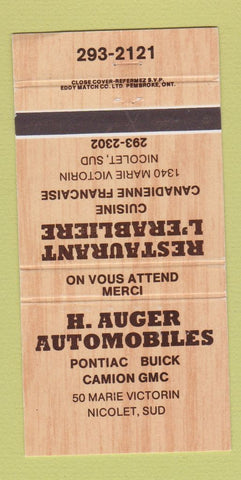 Matchbook Cover - H Auger Auto Pontiac Buick GMC Nicolet Sud QC #1 30 Strike