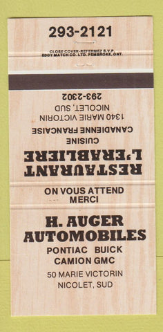 Matchbook Cover - H Auger Auto Pontiac Buick GMC Nicolet Sud QC #2 30 Strike