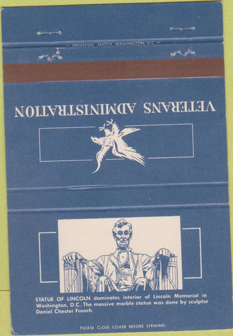 Matchbook Cover - Veterans Administration Abraham Lincoln Monument 40 Strike