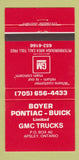 Matchbook Cover - Boyer Pontiac Buick GMC Apsley ON 30 Strike