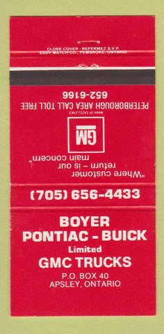 Matchbook Cover - Boyer Pontiac Buick GMC Apsley ON 30 Strike