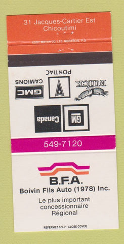 Matchbook Cover - Boivin Fils GMC Buick Pontiac Chicoutimi QC 30 Strike