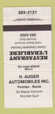 Matchbook Cover - H Auger Pontiac Buick Nicolet QC WEAR 30 Strike