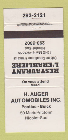 Matchbook Cover - H Auger Pontiac Buick Nicolet QC WEAR 30 Strike