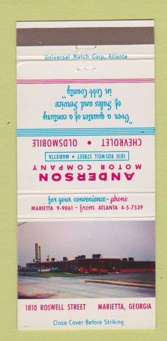 Matchbook Cover - Anderson Motors Cheverolet Oldsmobile Marietta GA 30 Strike
