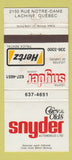 Matchbook Cover - Snyder Chevrolet Oldsmobile Lachine QC 30 Strike