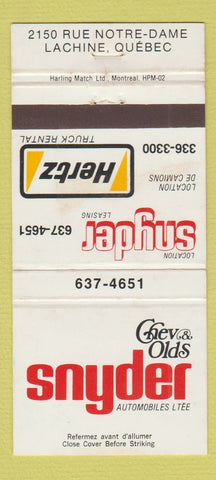 Matchbook Cover - Snyder Chevrolet Oldsmobile Lachine QC 30 Strike