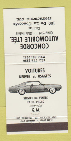 Matchbook Cover Concorde Chevrolet Oldsmobile Cadillac St Hyacinthe QC 30 Strike