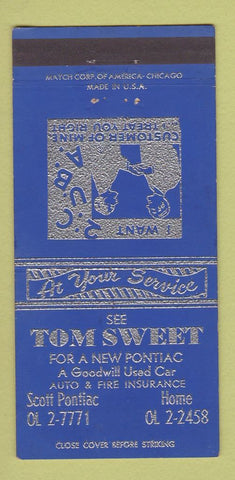 Matchbook Cover - Scott Pontiac Tom Sweet 30 Strike