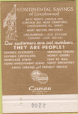 Matchbook Cover - Continental Savings Lincolnwood Chicago IL 40 Strike