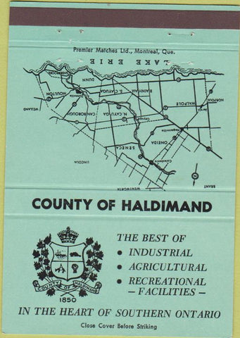 Matchbook Cover - County of Haldimand ON light green 40 Strike