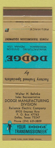 Matchbook Cover - Dodge Transmission Reliance Electric Dallas TX #1