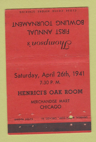 Matchbook Cover - Thompson's Bowling Tournament Chicago IL 40 Strike