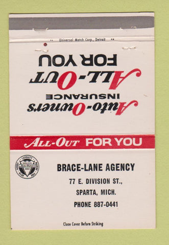 Matchbook Cover - Brace Lane Insurance Sparta MI 40 Strike