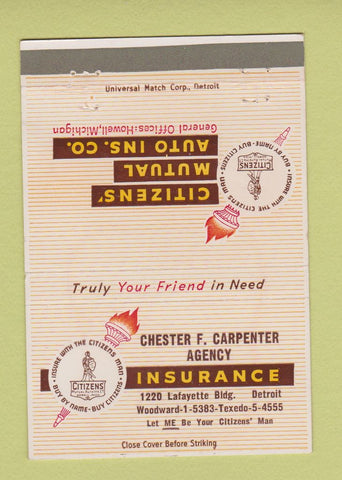 Matchbook Cover - Chester Carpenter Insurance Detroit MI WEAR 40 Strike