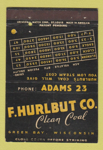 Matchbook Cover - F Hurlbut Coal Green Bay WI 40 Strike