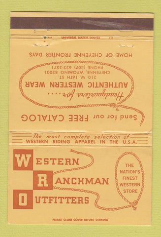 Matchbook Cover - Western Ranchman Outfitters Clothes Cheyenne WY 40 Strike