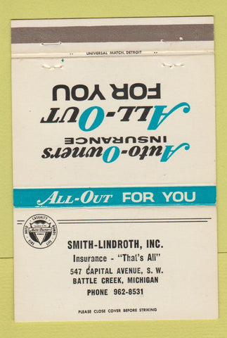 Matchbook Cover - Smith Lindroth Insurance Battle Creek MI 40 Strike