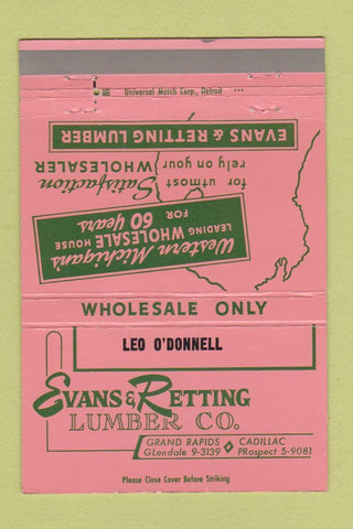 Matchbook Cover - Evans & Retting Lumber Grand Rapids Cadillac MI 40 Strike