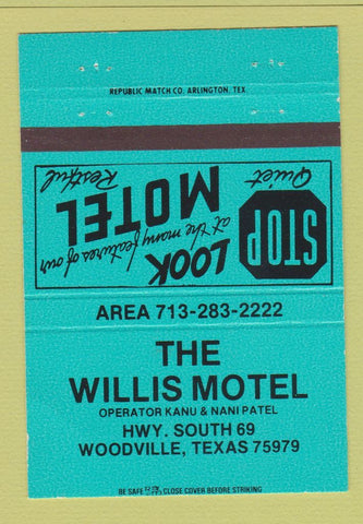 Matchbook Cover - Willis Motel Woodville TX TEAL 40 Strike