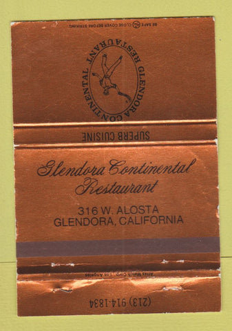 Matchbook Cover - Glendora Continental Restaurant Glendora CA WEAR 40 Strike