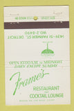 Matchbook Cover - Frame's Restaurant Detroit MI 40 Stick