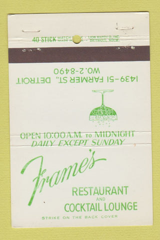Matchbook Cover - Frame's Restaurant Detroit MI 40 Stick