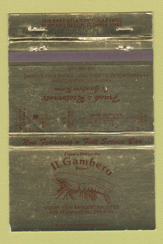 Matchbook Cover - Il Gambero Room Frank's Pompano Beach FL WEAR 40 Strike