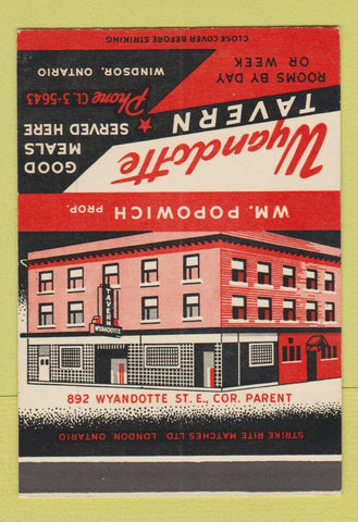 Matchbook Cover - Wyandotte Tavern Windsor ON SAMPLE 40 Strike
