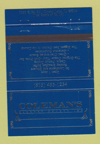 Matchbook Cover - Coleman's McHenry Country Inn Crystal Lake IL BLUE 40 Strike